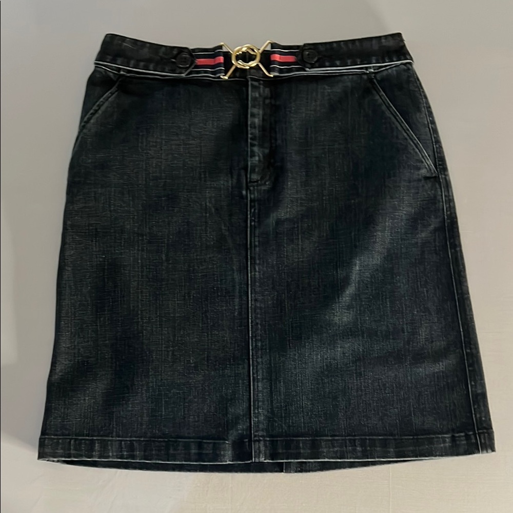 Talbots Dark Blue Denim Pencil Skirt With Built-in Gold Fasteners Belt Size 8